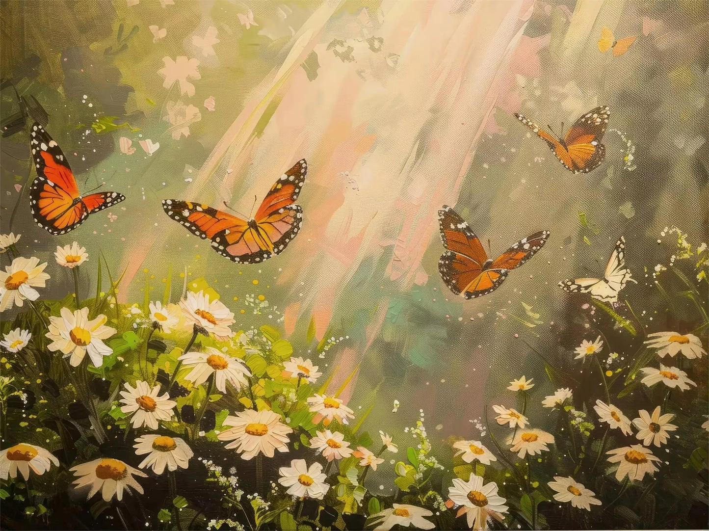 Butterflies and flowers in a garden setting with soft lighting