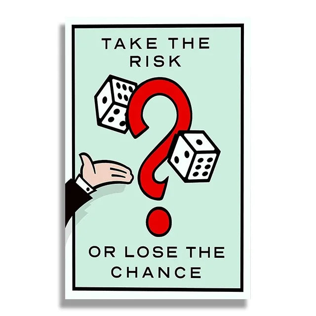 Motivational poster with dice, question mark, and hand reaching out on a light green background.