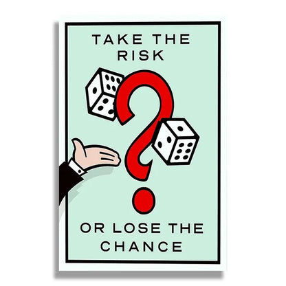 Motivational poster with dice, question mark, and hand reaching out on a light green background.