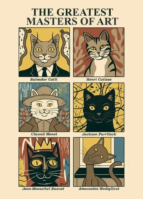 Illustrations of cats in the style of famous artists with a humorous title 'The Greatest Masters of Art'.