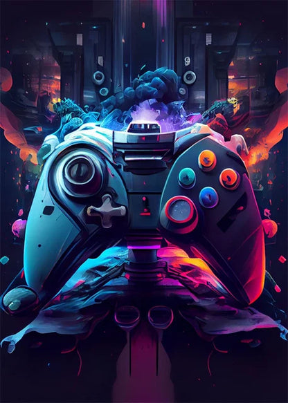 Glossy gaming controller with colorful design on a dark background