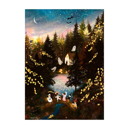 Fairy tale scene with fairies on a bridge over a stream at night, surrounded by trees and glowing lights.