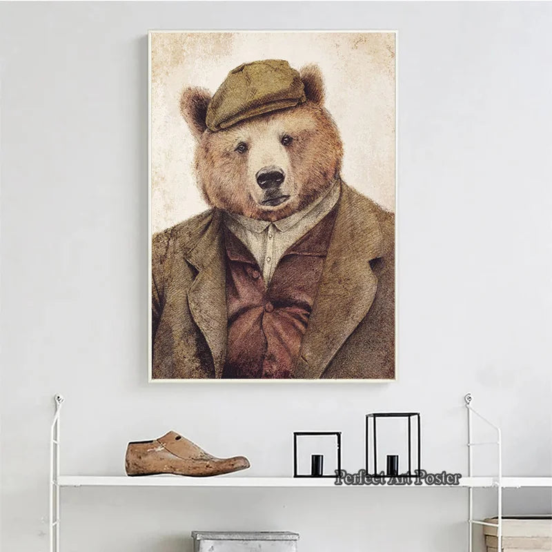 Poster of a bear in a suit and hat on a white wall above a shelf.