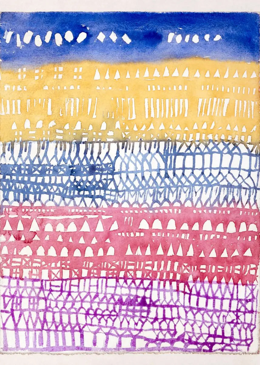 Colorful patterned design with blue, yellow, pink, and purple hues.