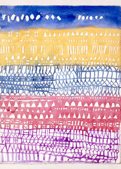 Colorful patterned design with blue, yellow, pink, and purple hues.