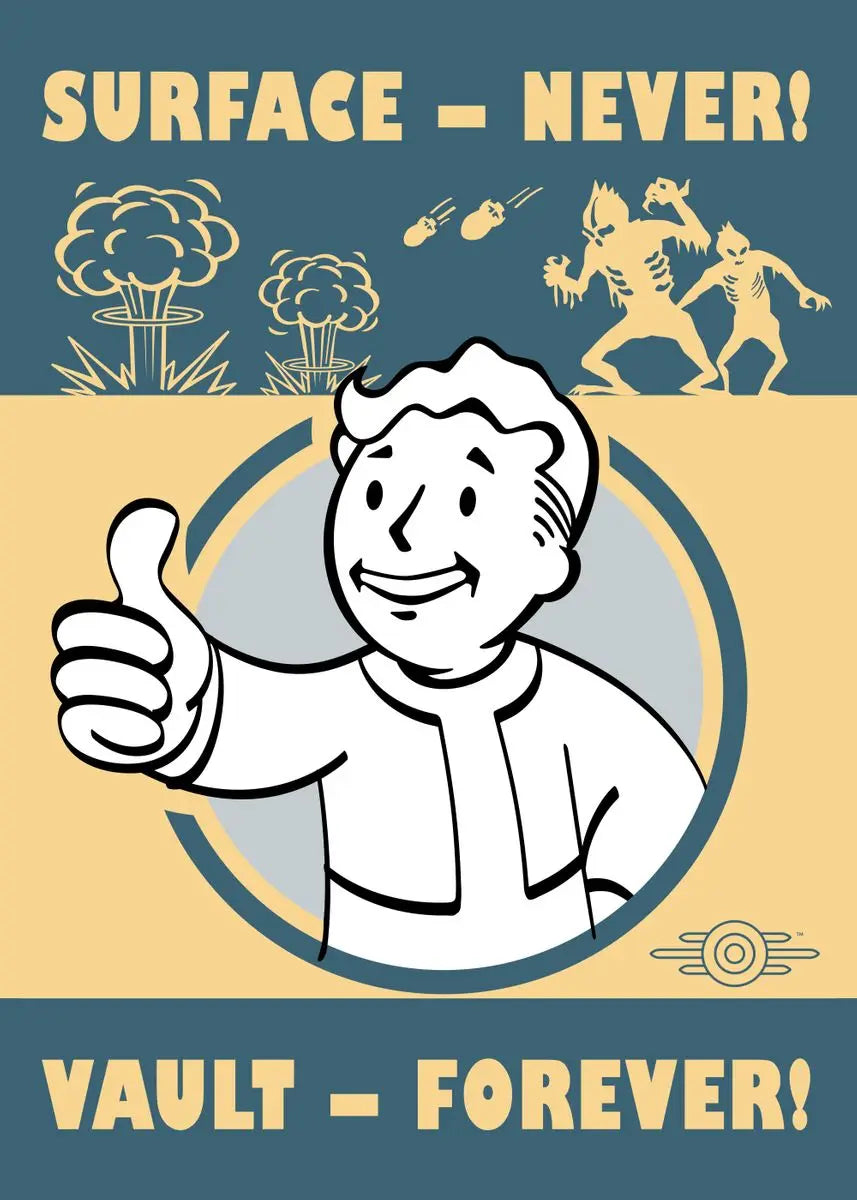 Cartoon character giving a thumbs up with text 'Surface - Never! Vault - Forever!' on a blue and beige background.