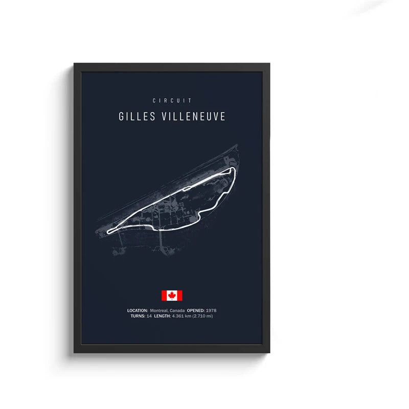 Framed poster of Circuit Gilles Villeneuve map with Canadian flag on a white background