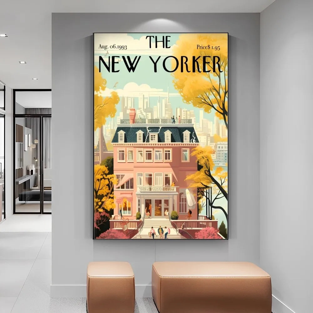 Framed New Yorker magazine cover with a house illustration on a gray wall.