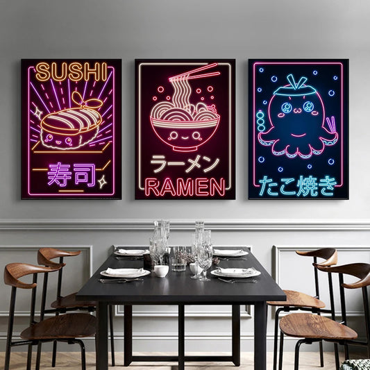 Neon signs of sushi, ramen, and takoyaki on a wall above a dining table. Canvas & Curio
