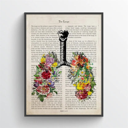 Framed artwork of floral lungs design on a book page background