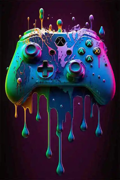 Colorful gaming controller with neon paint effects on a dark background