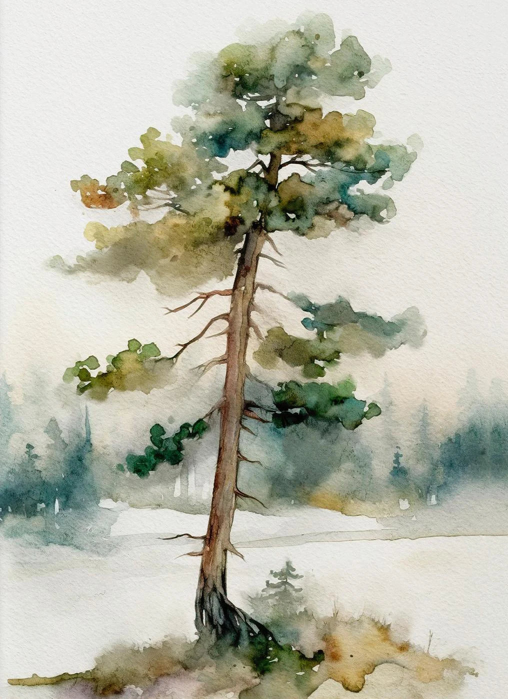 Watercolor painting of a tall tree with a snowy landscape