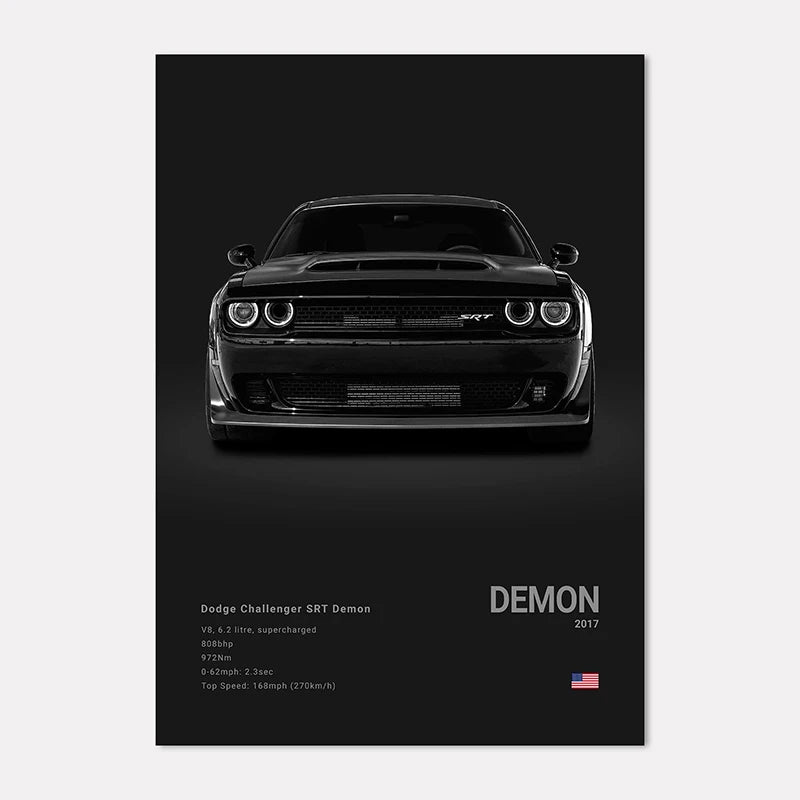 Black and white poster of a Dodge Challenger SRT Demon with specifications on a black background