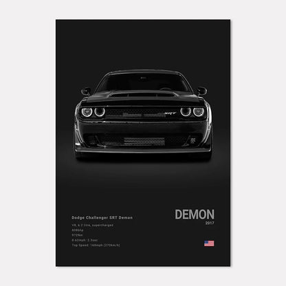 Black and white poster of a Dodge Challenger SRT Demon with specifications on a black background