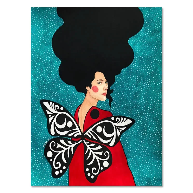 Illustration of a woman with butterfly wings and a red dress on a blue polka dot background