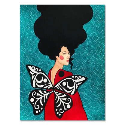 Illustration of a woman with butterfly wings and a red dress on a blue polka dot background