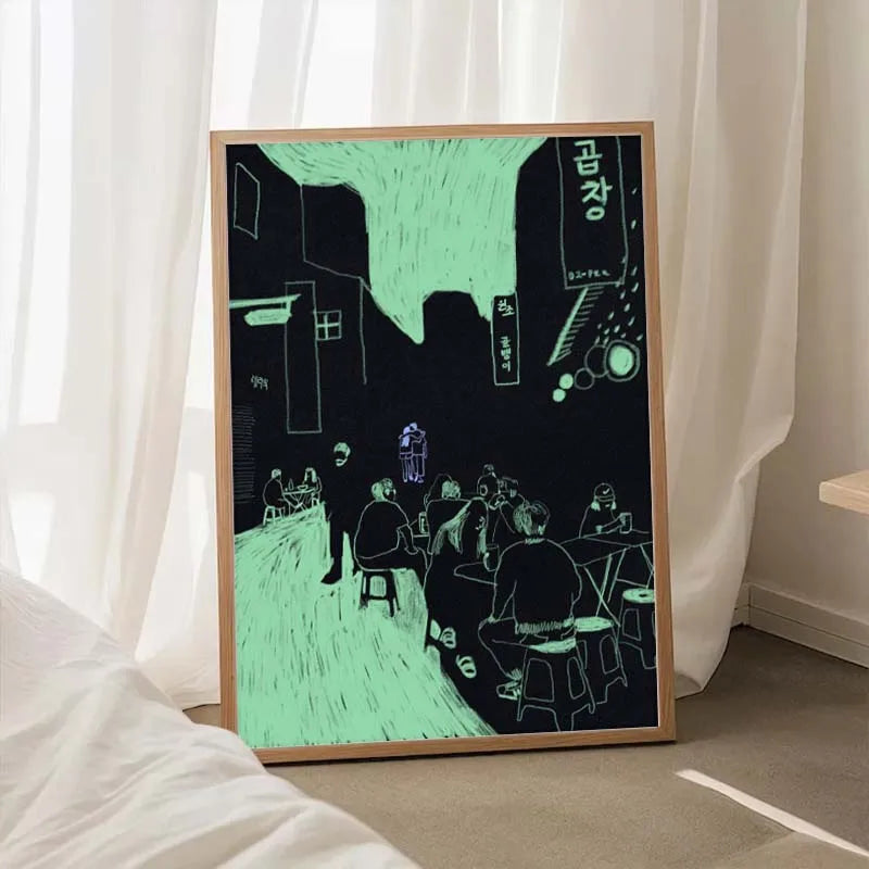 Framed artwork with a green and black cityscape scene on a white curtain background