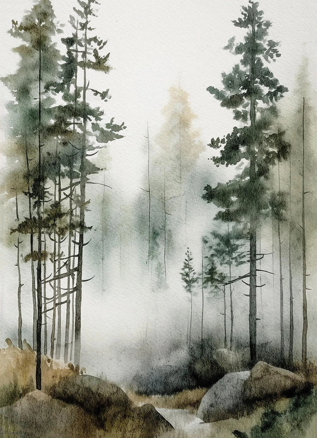 Watercolor painting of a forest with tall trees and misty background