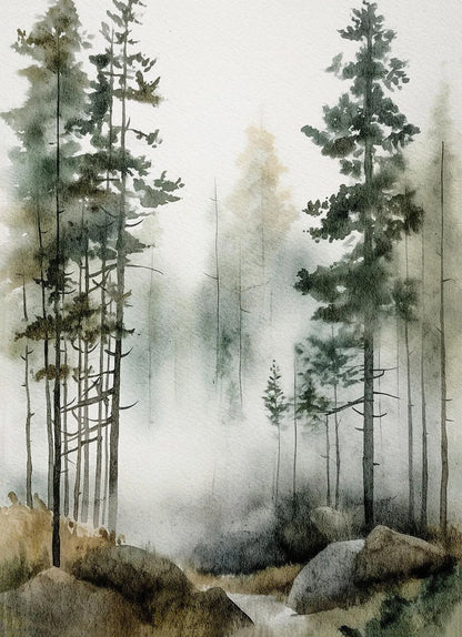Watercolor painting of a forest with tall trees and misty background