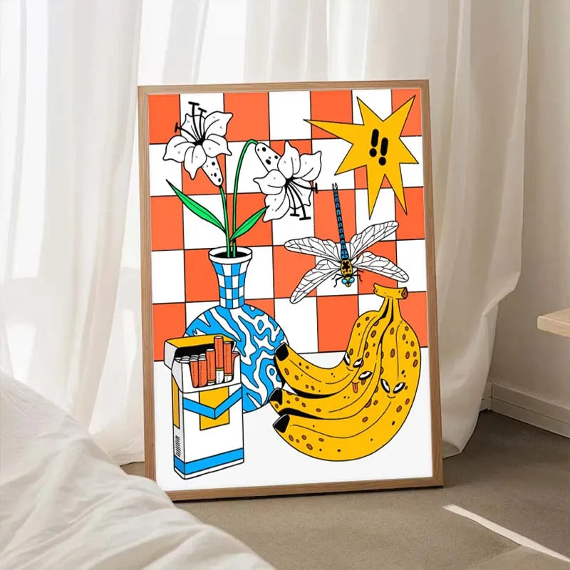 Framed artwork with abstract design featuring flowers, a sun, and bananas on a checkered background.