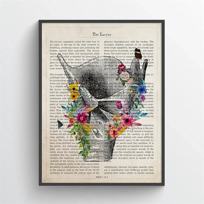Framed artwork of a butterfly with floral elements on an old book page.