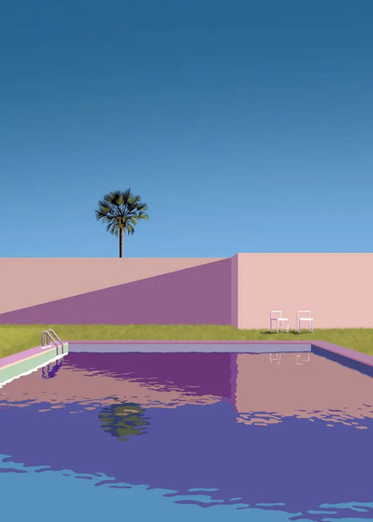 Pool with a palm tree and a clear blue sky