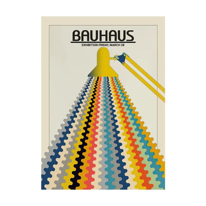 Bauhaus exhibition poster with colorful zigzag pattern and yellow lamp.