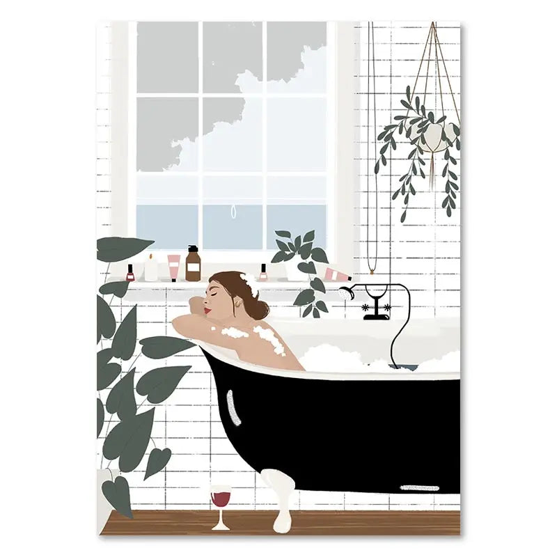 Illustration of a woman relaxing in a bathtub with plants and candles around.
