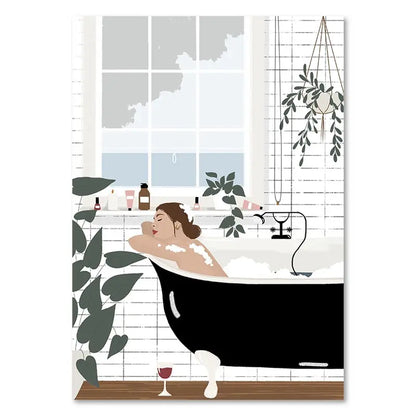 Illustration of a woman relaxing in a bathtub with plants and candles around.