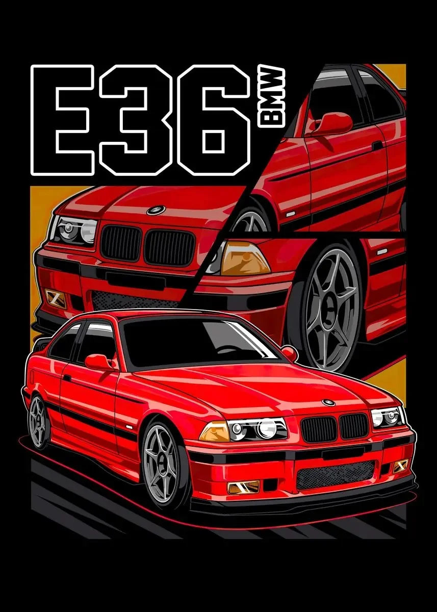 Red BMW E36 car illustration with 'E36' and 'BMW' text on a black background