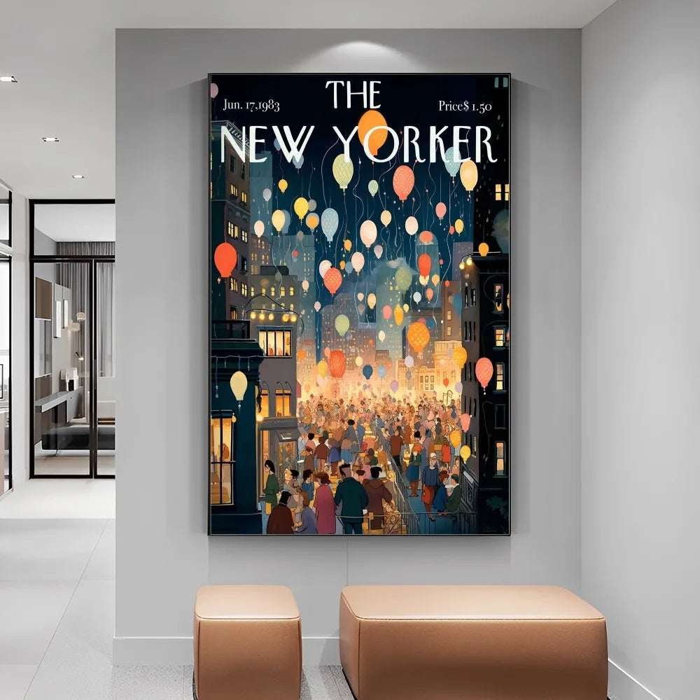 Framed New Yorker magazine cover with colorful balloons and city scene on a wall.