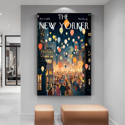 Framed New Yorker magazine cover with colorful balloons and city scene on a wall.