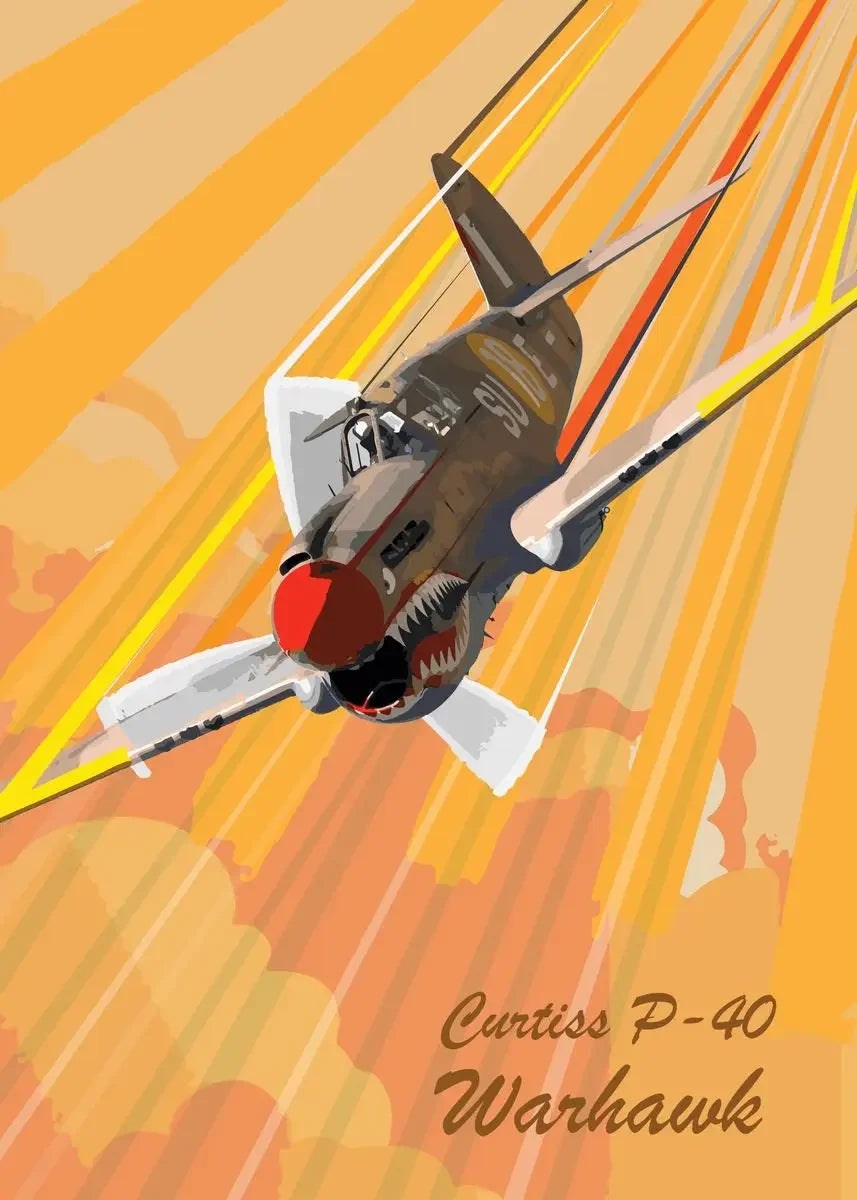 Curtiss P-40 Warhawk airplane on an abstract orange and yellow background