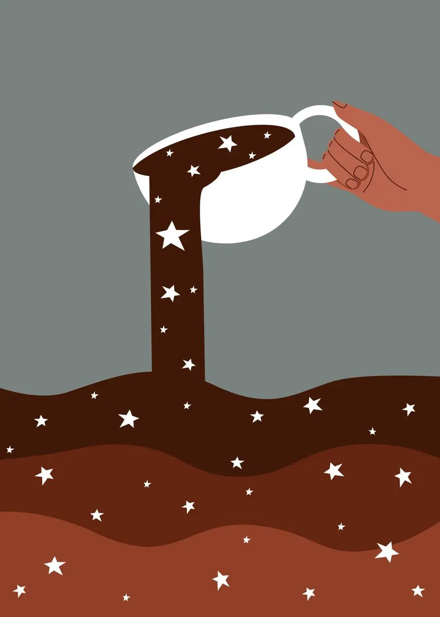 Illustration of a hand pouring starry night sky into a mug on a gray background
