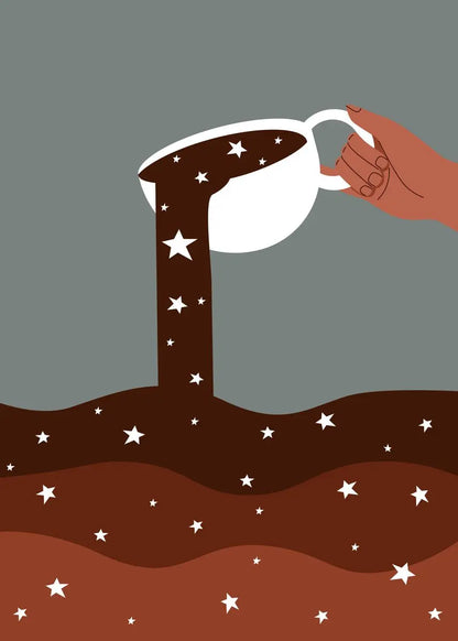 Illustration of a hand pouring starry night sky into a mug on a gray background