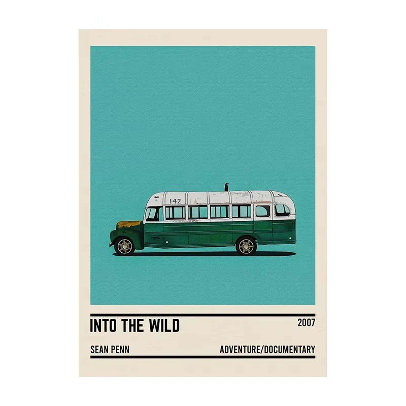 Poster of a bus with 'Into the Wild' movie information on a teal background