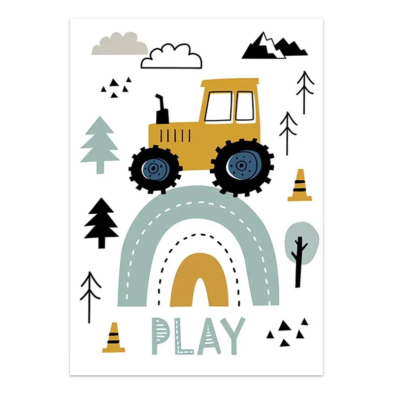 Children's poster with a tractor, rainbow, trees, and traffic cones on a white background.