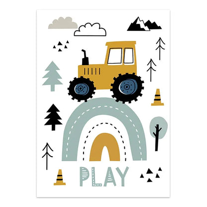 Children's poster with a tractor, rainbow, trees, and traffic cones on a white background.