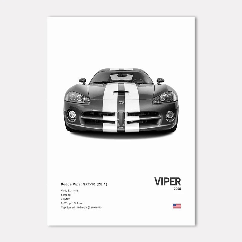 Poster of a Dodge Viper SRT-10 with specifications on a white background