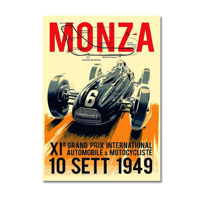 Vintage-style poster with a racing car and text about a Grand Prix event in Monza, Italy.