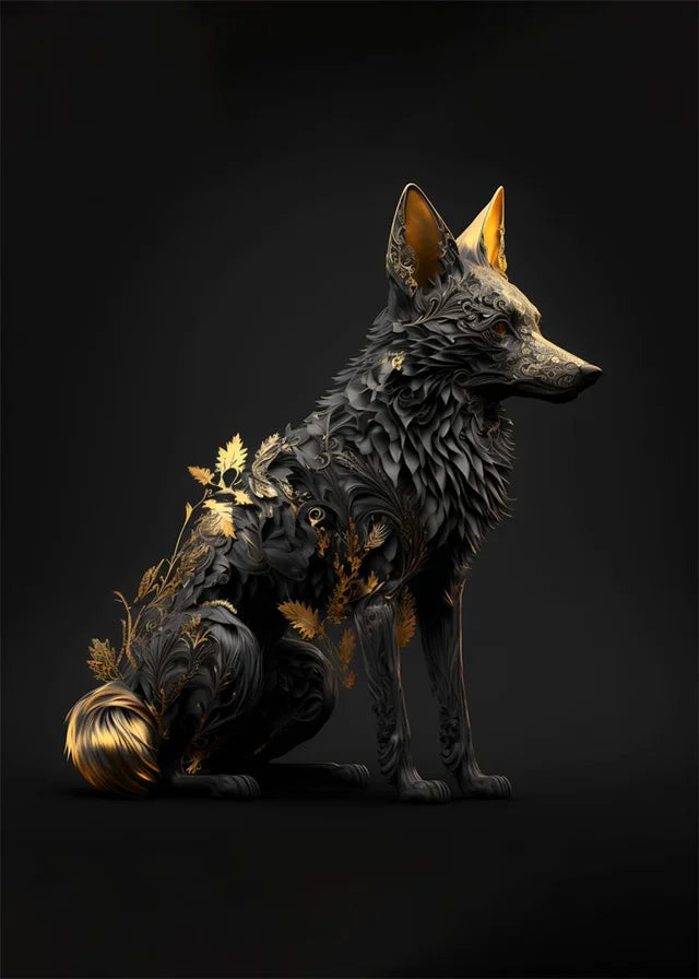 Wolf sculpture with leaf patterns on a dark background