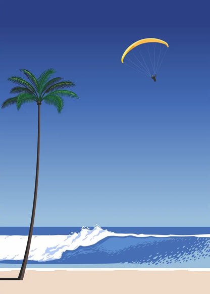 Palm tree on a beach with a yellow paraglider in the sky