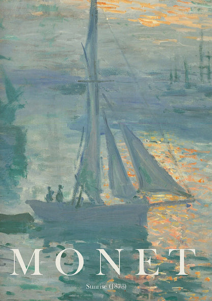 Painting of sailboats on water with 'Monet' and 'Sunrise 1873' text.