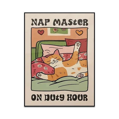Poster with a cartoon cat sleeping on a bed and text 'Nap Master On Duty Hour' on a beige background.