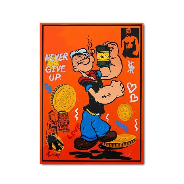 Cartoon character holding a can with text 'Never Give Up' on an orange background