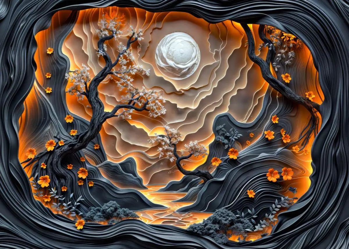 Artistic depiction of a tree with autumn leaves against a stylized sky with a moon.