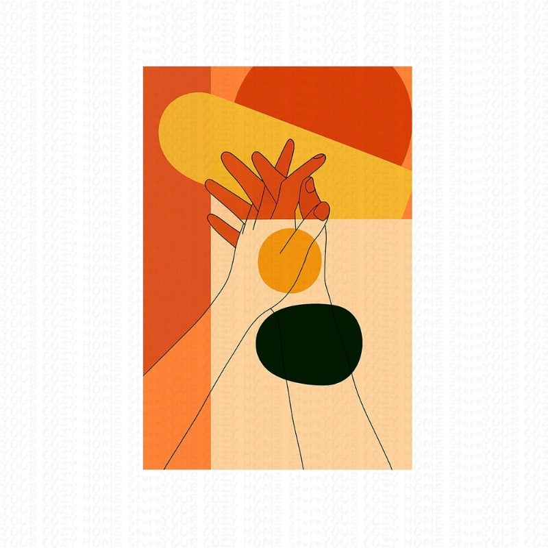 Abstract art piece with geometric shapes in orange, yellow, and green on a white background