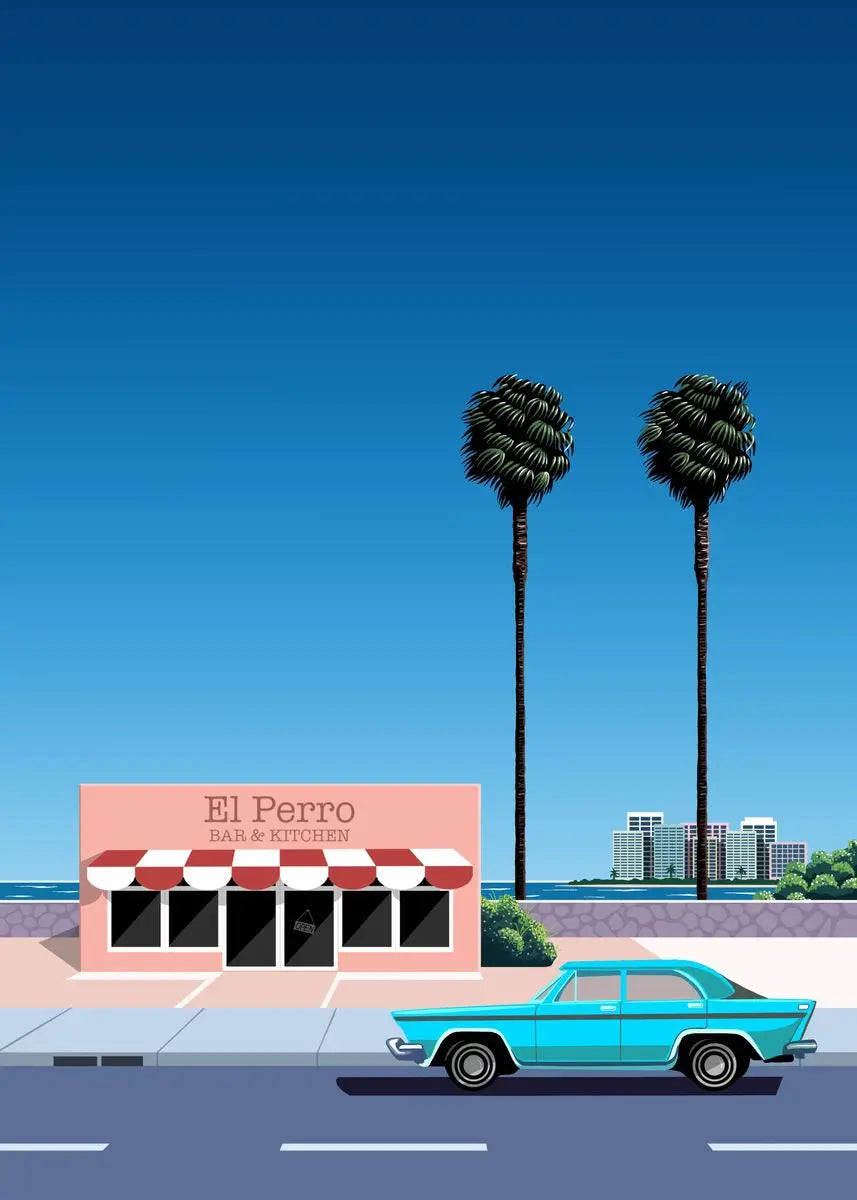 Illustration of a pink building with 'El Perro' sign, two palm trees, and a blue car on a clear blue sky background.