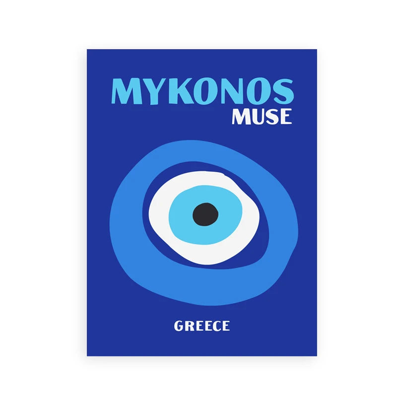 Blue poster with 'Mykonos Muse' and 'Greece' text on a white background