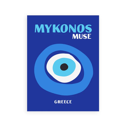 Blue poster with 'Mykonos Muse' and 'Greece' text on a white background